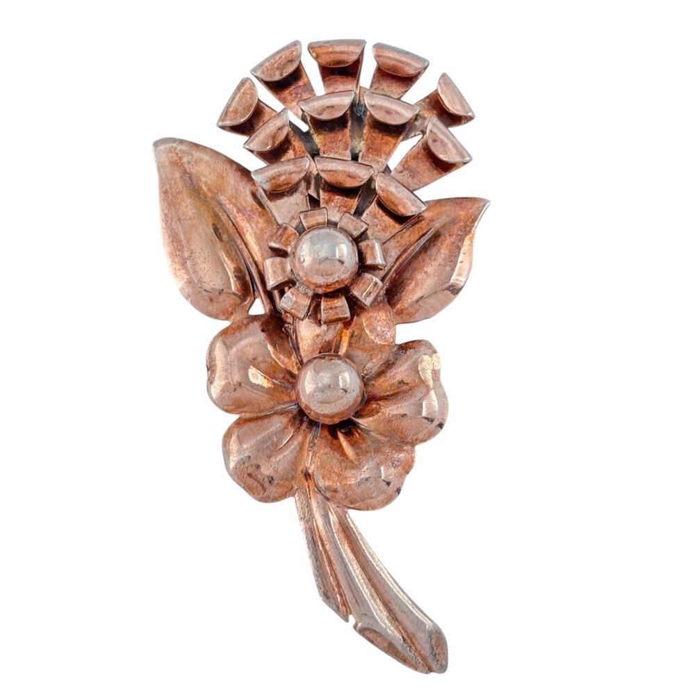 Vintage Rose Gold Vermeil Sterling 925 Silver Double Flower Brooch - Picture 3 of 9